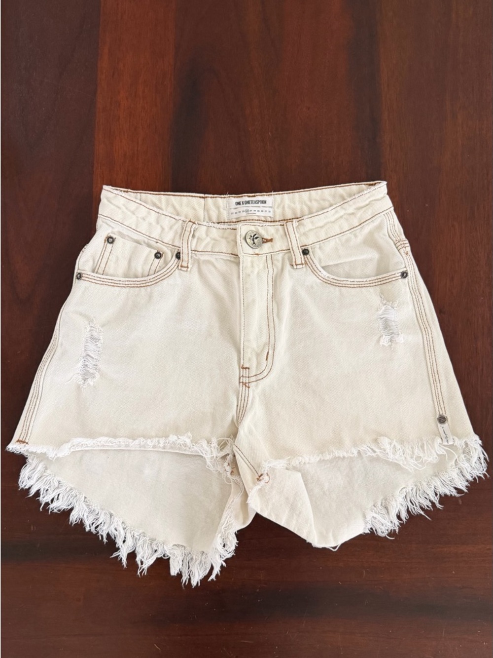 One X Oneteaspoon High Waist Bonita Denim Cut-off Shorts in Cream - Size 26